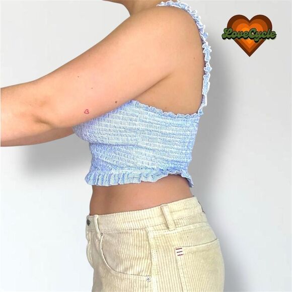 Women's True Img Blue & White Striped Ruffle Cami Crop Top - Picture 2 of 5